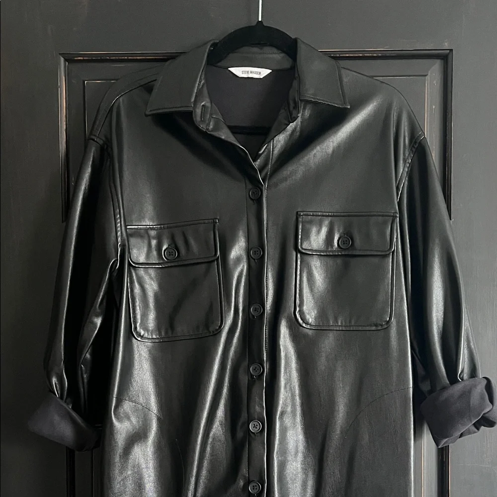 Steve Madden Black Faux Leather Shirt Jacket with Patch Pockets - Picture 2 of 5